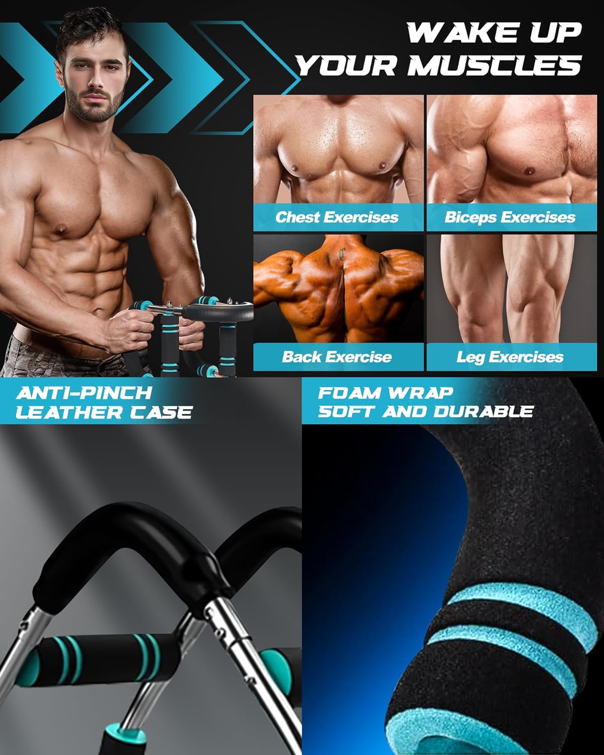 Twister arm trainer with foam wrap and anti-pinch leather case for chest biceps back and leg exercises