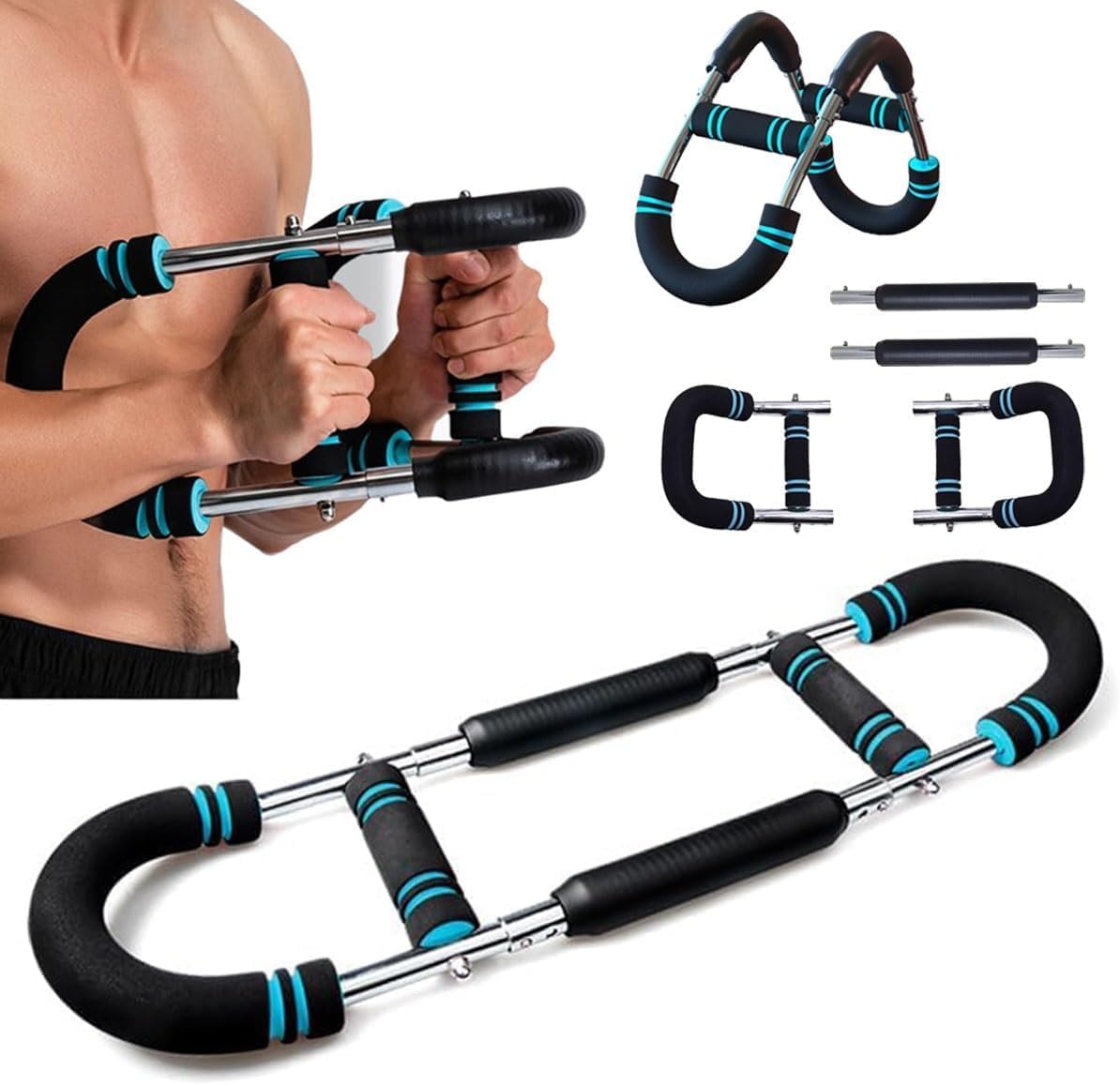Twister arm trainer showing multiple views including a person using the black and blue resistance exercise device