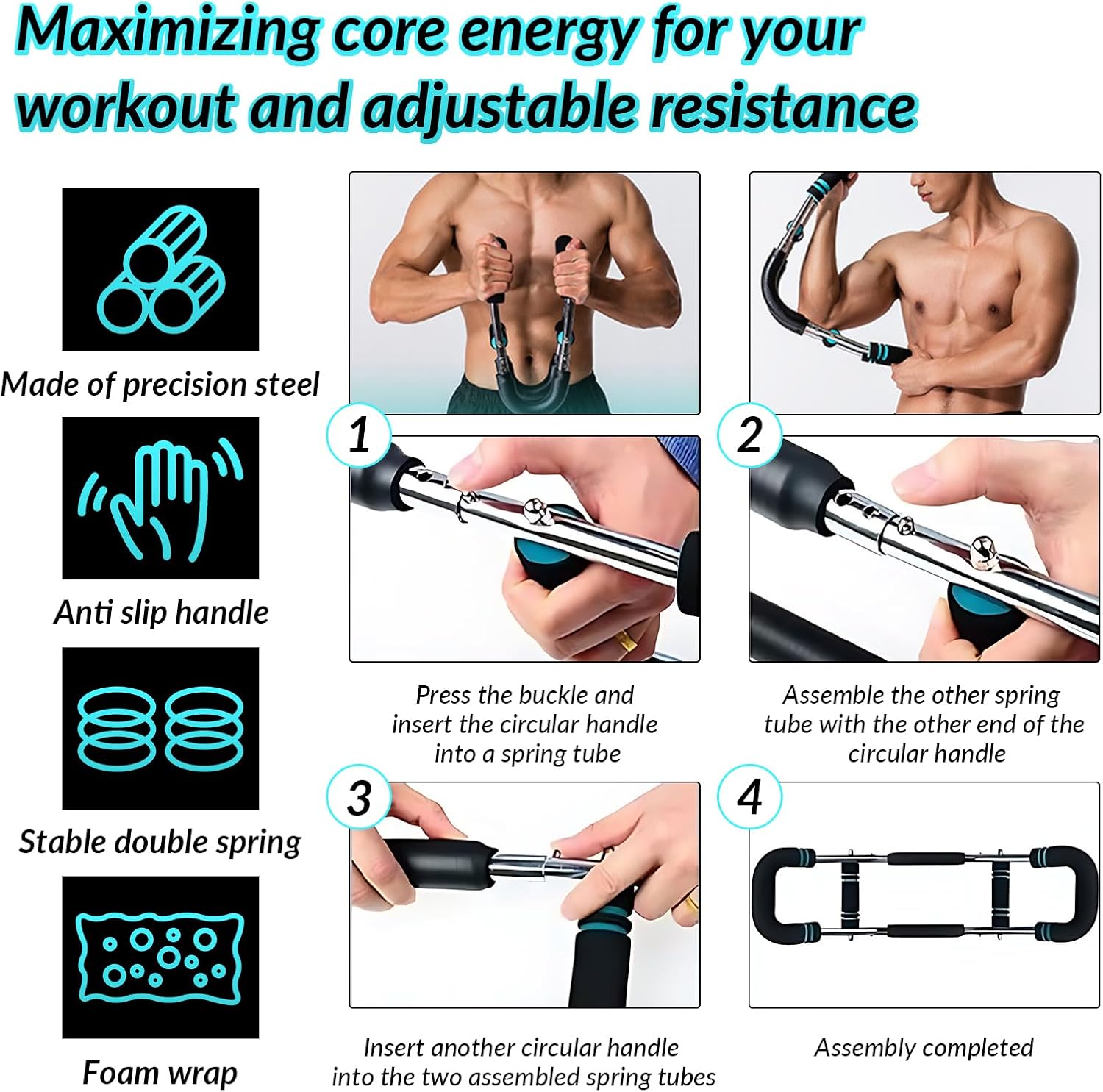 Twister arm trainer with precision steel, anti slip handle, double spring, and foam wrap for core workout
