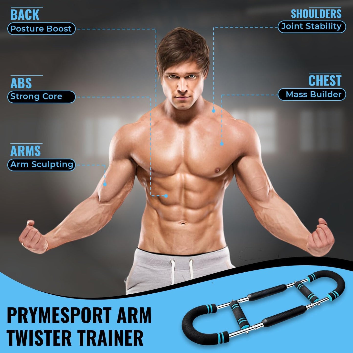 Muscular man demonstrating muscle groups improved by using twister arm trainer by My Store
