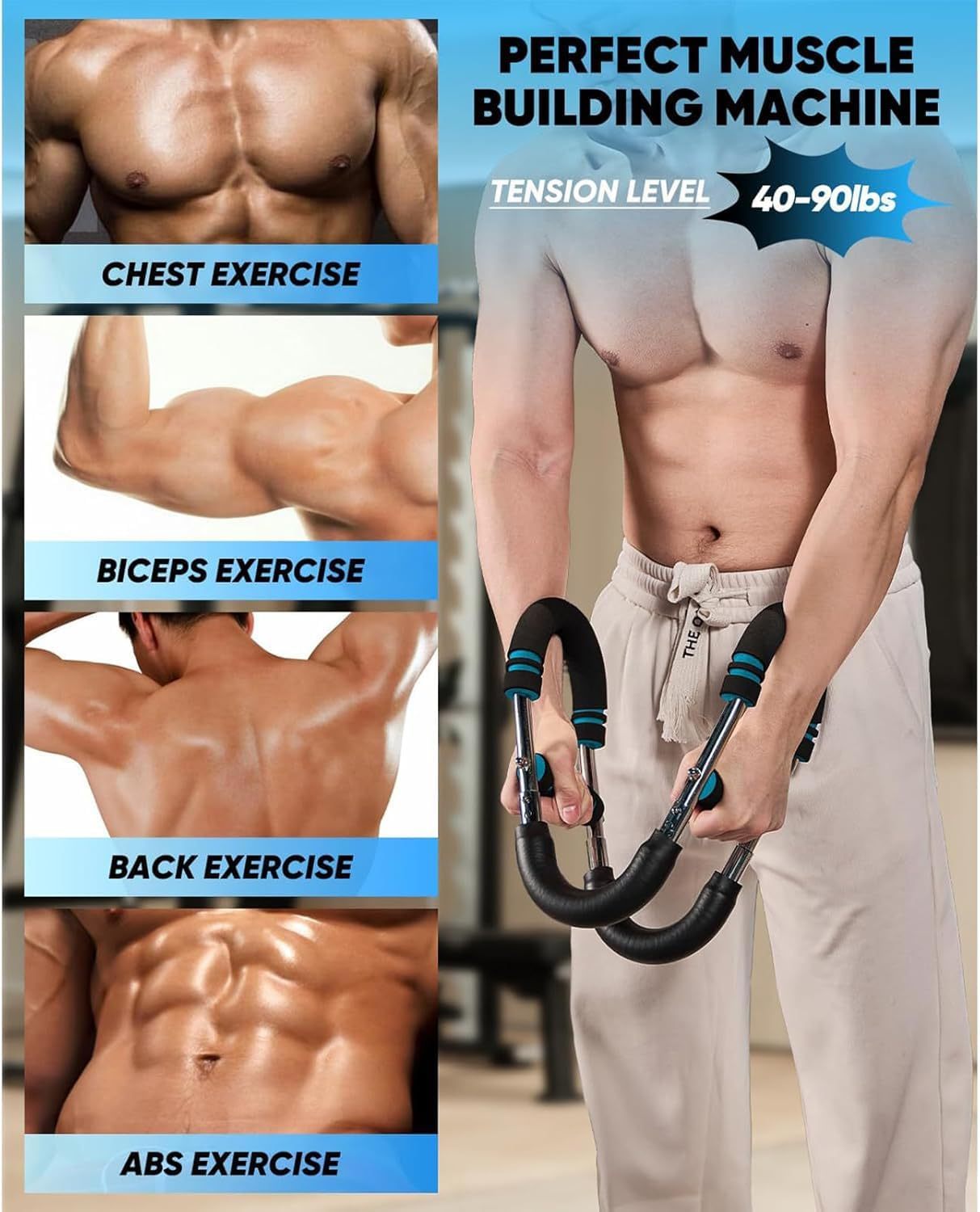 Man using twister arm trainer for chest biceps back and abs muscle building with 40 to 90 lbs tension